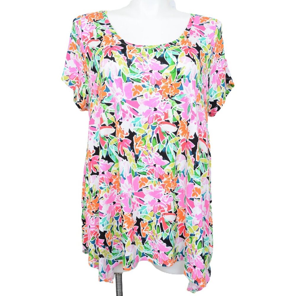 Cynthia Rowley PLUS‎ Size 2X Colorful Floral Artsy Hankie Hem Tunic Top Stretchy